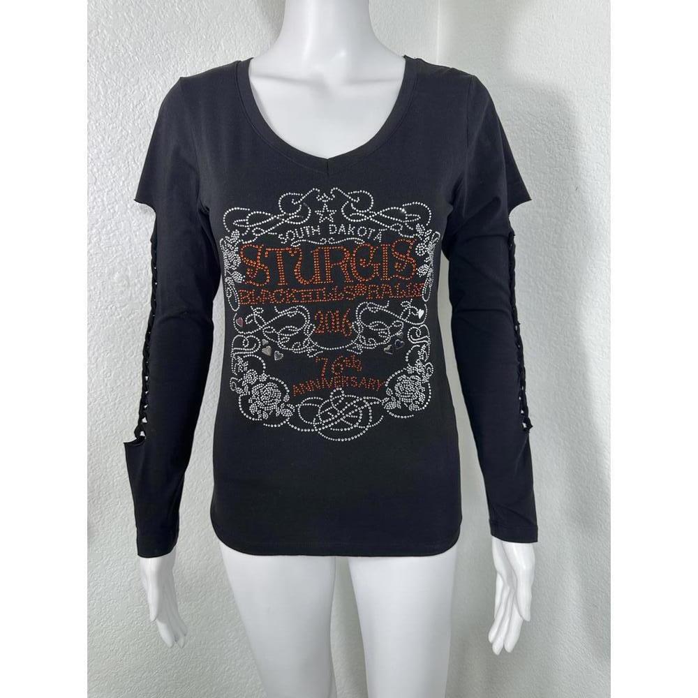 Sturgis 2016 Biker Goth Lace-Up Cutout V-Neck Tee M Rhinestone Graphic - Picture 1 of 8